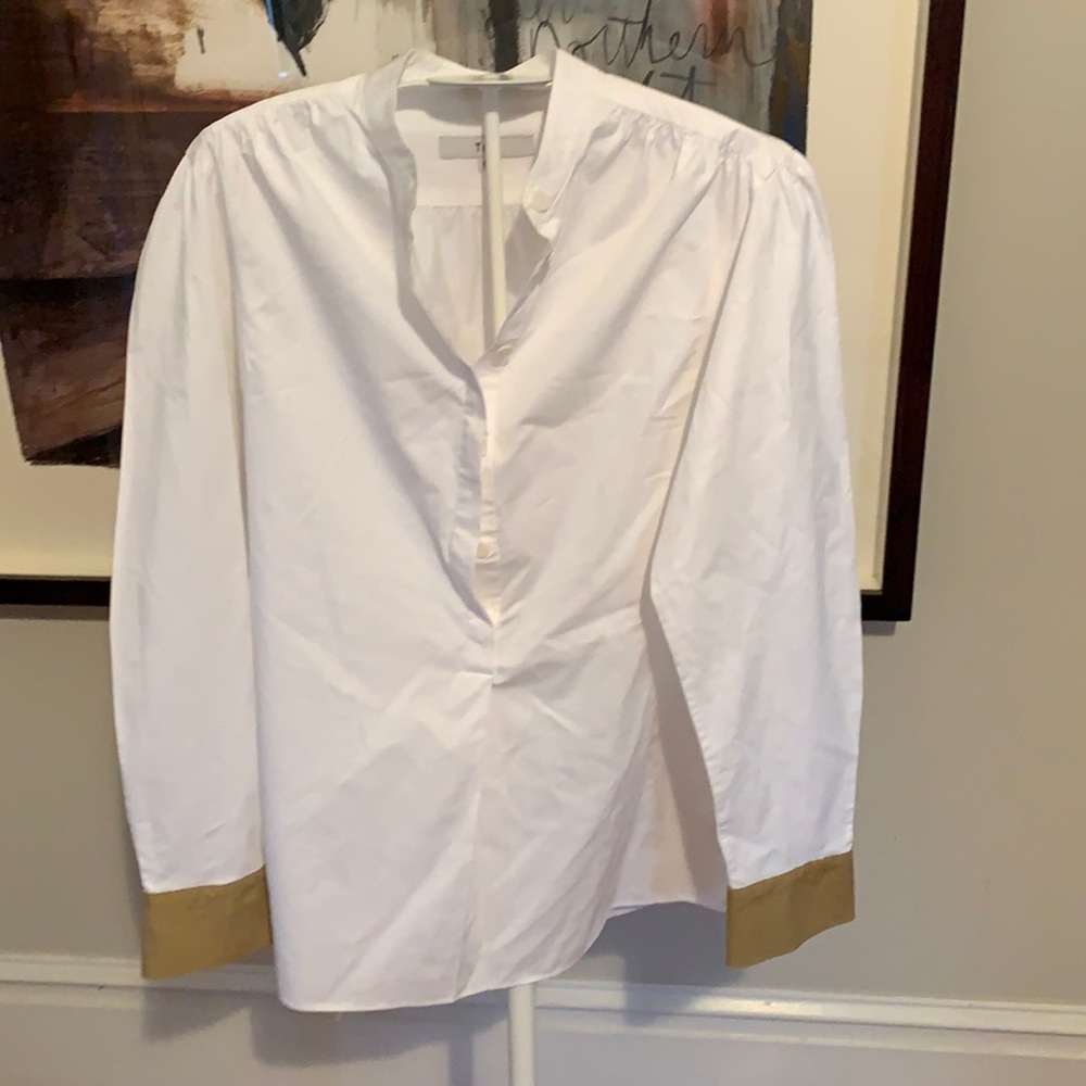 Tibi white 3/4 button down tunic with tan cuffs. Never worn . Retail 210